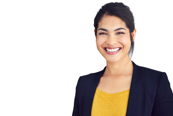 Businesswoman, happy or portrait with positive in professional career, consultant or corporate work. Mexican person, face or smile for job pride in wellness or isolated on transparent png background - obrazy, fototapety, plakaty