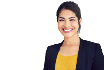 Businesswoman, happy or portrait with positive in professional career, consultant or corporate work. Mexican person, face or smile for job pride in wellness or isolated on transparent png background