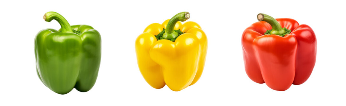 bell pepper green, yellow, and red paprika set isolated on a transparent background, big chili images PNG	