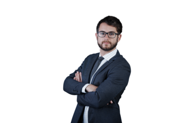 Portrait, glasses and business man with arms crossed isolated on transparent png background. Serious face, professional entrepreneur or confident salesman, worker pride or corporate employee in Spain