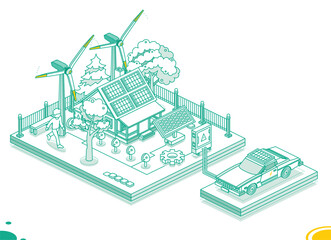 Isometric Smart House with Electric Car, Solar Panels, Wind Turbine and Electric Transformer. Generation of Green Energy. Sustainable Renewable Lifestyle. Green Energy Industry.