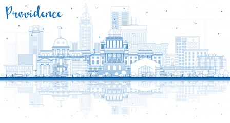 Outline Providence Rhode Island City Skyline with Blue Buildings and reflections. Providence USA Cityscape with Landmarks. Travel and Tourism Concept with Modern Architecture.