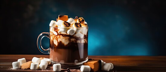 Winter drink with mini marshmallows, cinnamon, and s'mores flavor. - obrazy, fototapety, plakaty