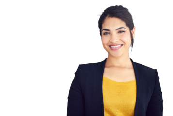 Businesswoman, confident or portrait with smile for professional career, consultant or corporate work. Proud person, face or happy for job pride in fashion or isolated on transparent png background