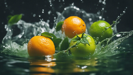 Green tangerines in the water colour splash generated by AI 