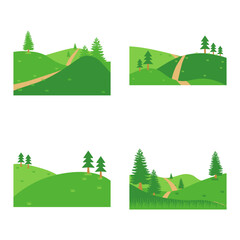 Set of Different Field Green Hills. Aesthetic Design. Vector Illustration. 