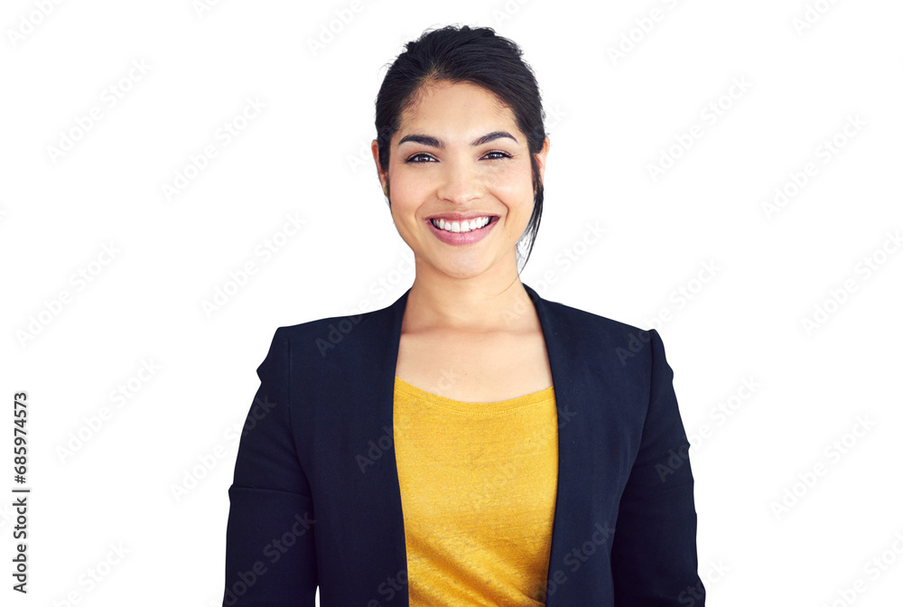 Wall mural Businesswoman, confident and portrait with happy for professional career, consultant and corporate job. Proud person, face or smile for pride in fashion or isolated on transparent png background