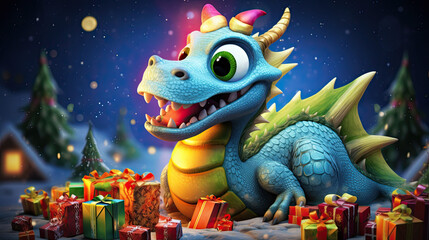 Cheerful blue dragon among colorful Christmas gifts in a festive nighttime setting.