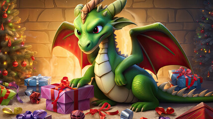 Green dragon beside a warm fireplace, enjoying the holiday season with a pile of colorful Christmas presents