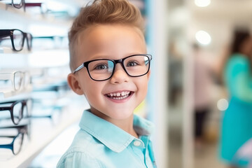 Fototapeta premium Little happy boy choosing glasses for vision eye at optical store