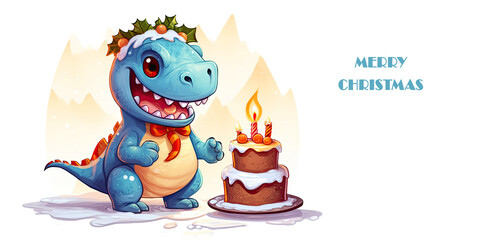 Fototapeta premium Cute big dinosaur T-Rex with christmas cake on white background. Happy birthday party