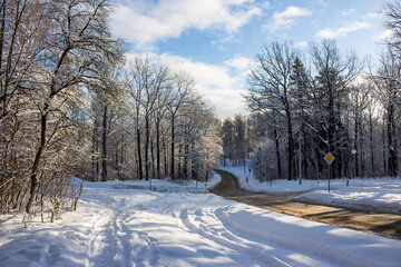 Naklejka premium Road running through a snowy landscape on a sunny winter day