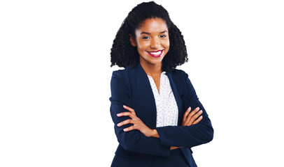 Portrait, smile and a business black woman arms crossed isolated on a transparent background for...