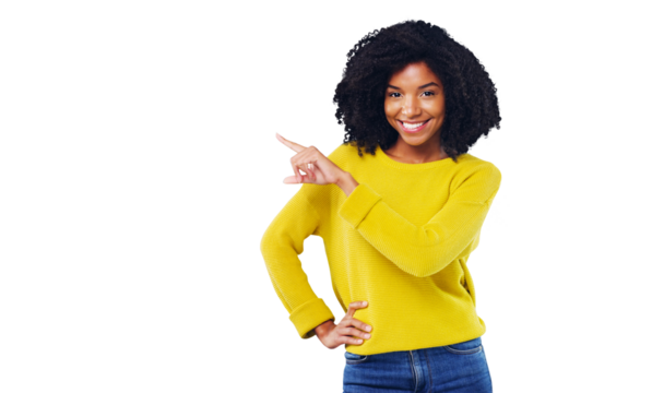 Portrait, happy woman and pointing with smile for promotion, opportunity or offer with suggestion. Black person, curly hair and fashion with announcement on isolated or transparent png background