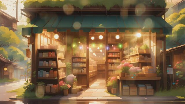 shop in the city with cinematic view. Cartoon or Japanese anime watercolor illustration painting style. seamless looping 4K virtual video animation background