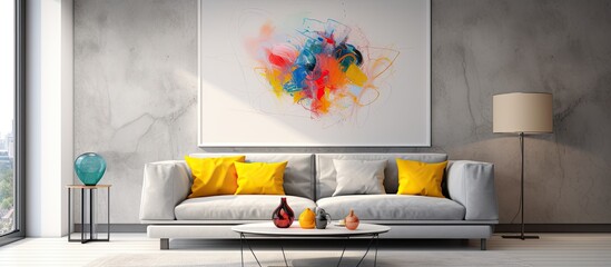 White table on carpet in front of grey settee with artwork and lamp in apartment interior. Real image.