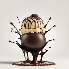 3D render of an isolated heart shaped Chocolate truffle with impactful Splash and chocolate drops and ripple cocoa powder and nuts and milk flow ice cream