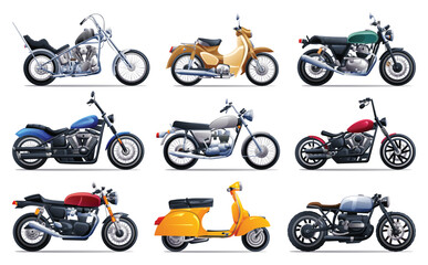 Set of classic motorcycles in various types. Vector cartoon illustration - obrazy, fototapety, plakaty