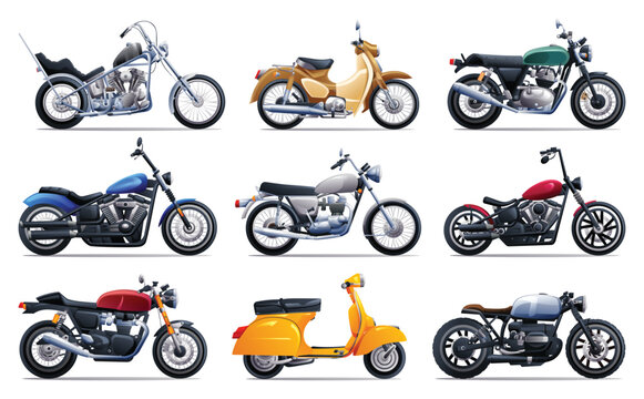 Set of classic motorcycles in various types. Vector cartoon illustration
