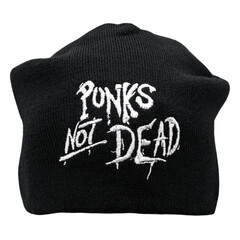 Black knitted cap with embroidered Punks not Dead inscription. Stylish accessory for parties and...