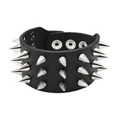 Black leather bracelet with spikes, pyramids. An accessory for rockers, bikers, metalheads, goths...