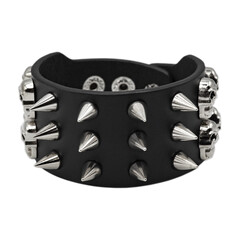 Black leather bracelet with spikes, pyramids. An accessory for rockers, bikers, metalheads, goths...