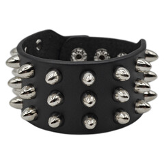 Black leather bracelet with spikes, pyramids. An accessory for rockers, bikers, metalheads, goths...