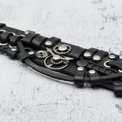 Steampunk leather bracelet. Wrist bracelet with mechanisms, rings, gears and other vintage elements. Made in Ukraine. Accessories and decorations for mtalheads, rockers, punks, bikers, goths.