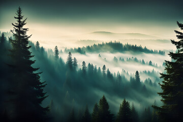 Misty landscape with fir forest in vintage retro style_Generative AI