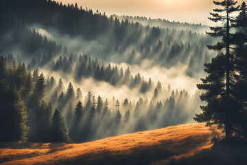 Misty landscape with fir forest in vintage retro style_Generative AI