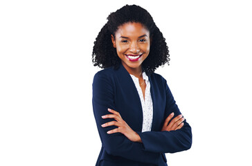 Portrait, happy and a corporate black woman arms crossed isolated on a transparent background for work. Business, mission and smile with a confident young employee on PNG for her professional career