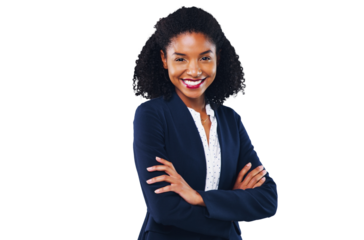 Portrait, happy and a corporate black woman arms crossed isolated on a transparent background for work. Business, mission and smile with a confident young employee on PNG for her professional career