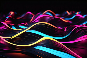 3d render. Abstract neon wallpaper. Glowing lines over black background. Light drawing trajectory, twisted ribbon
