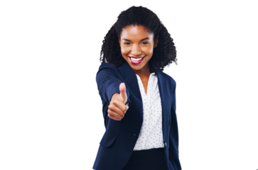 Business woman, thumbs up and success, support or like emoji for winning and happy portrait. African employee or professional winner with thank you and good job isolated on transparent PNG background