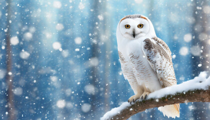 snowy owl sitting on tree branch in winter