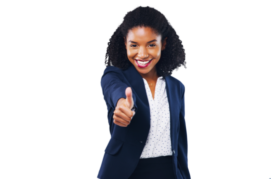 Business woman, thumbs up and success, support or like emoji for winning and happy portrait. African employee or professional winner with thank you and good job isolated on transparent PNG background