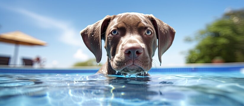 Shallow focus on dog in summer pool. - Powered by Adobe