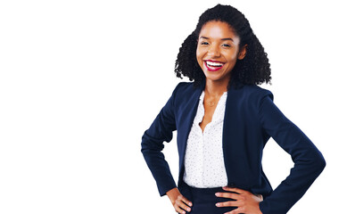 Happy black woman, portrait and business professional in confidence isolated on a transparent PNG background. African female person, boss or employee smile with hands on hips in corporate management - obrazy, fototapety, plakaty