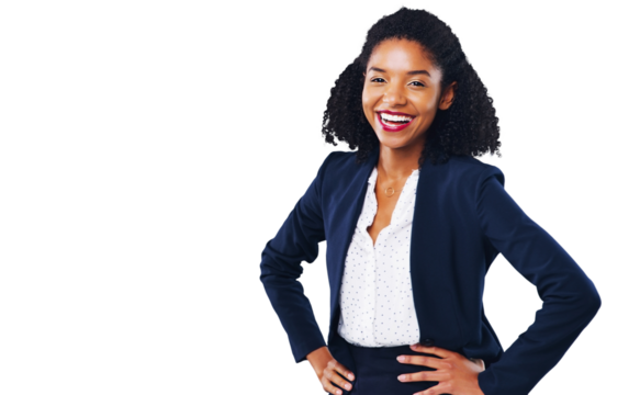 Happy black woman, portrait and business professional in confidence isolated on a transparent PNG background. African female person, boss or employee smile with hands on hips in corporate management