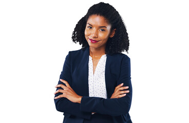 Portrait, business and a professional black woman arms crossed isolated on a transparent background...