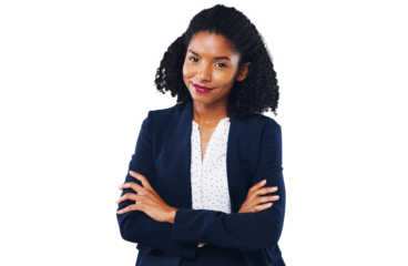 Portrait, business and a professional black woman arms crossed isolated on a transparent background for work. Smile, mission and happy with a confident young employee on PNG for her corporate career