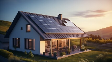Photovoltaic panels on the roof.Roof Of Solar Panels.Solar panels, green energy for home,white background,3d illustration.  - obrazy, fototapety, plakaty