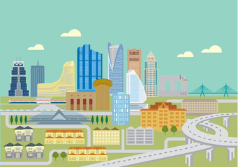 Obraz premium Flat graphic urban view of Bangkok metropolitan, capital of Thailand