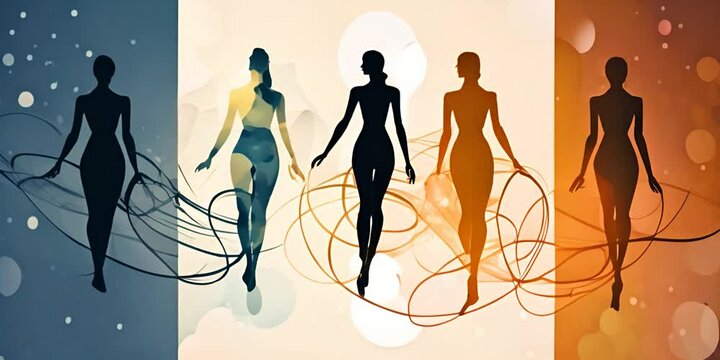 Abstract composition with four human silhouettes in varying colors with abstract patterns against a background transitioning from cool to warm hues. Generative AI