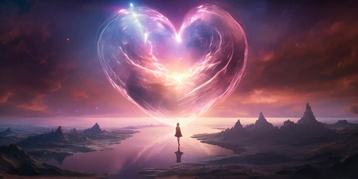 Surreal landscape with a young woman gazing at a glittering heart in the cosmic sky above the mirrored reflection of a mountainous terrain in still water at dusk. Valentine's Day concept. Generative A