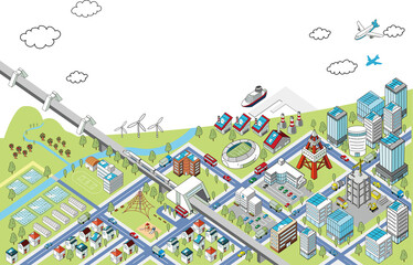 自然と調和する海沿いの街並みの俯瞰イラスト（白背景）