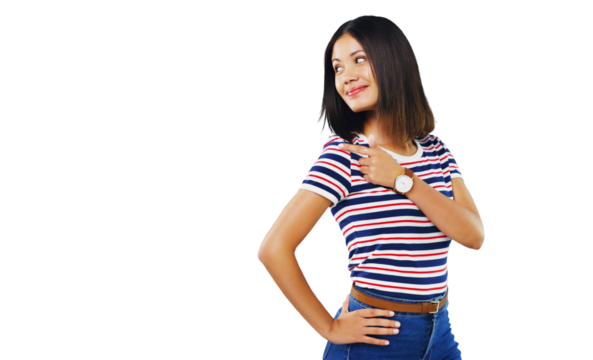 Thinking, pointing and woman with promotion, opportunity and decision isolated on transparent background. Person, girl or model with hand gesture, presentation or announcement with information or png