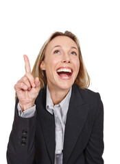 Excited face, business woman and pointing up at corporate offer, announcement and agency ads commercial. Service presentation, sales news or company consultant isolated on transparent, png background