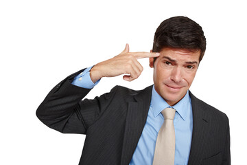 Depression, portrait or business man with hand gun on isolated, transparent or png background....