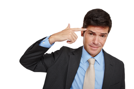 Depression, portrait or business man with hand gun on isolated, transparent or png background. Stress, anxiety or entrepreneur face with shooting weapon, finger or burnout sign for corporate pressure - Powered by Adobe